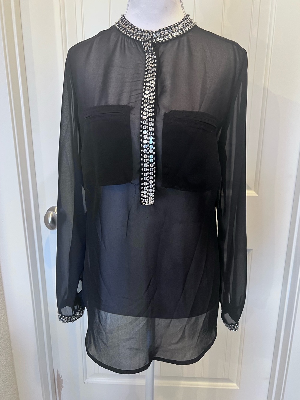 Black Sheer Long-Sleeve Blouse Bead & Sequin Accents ANA A New Approach Sz Small